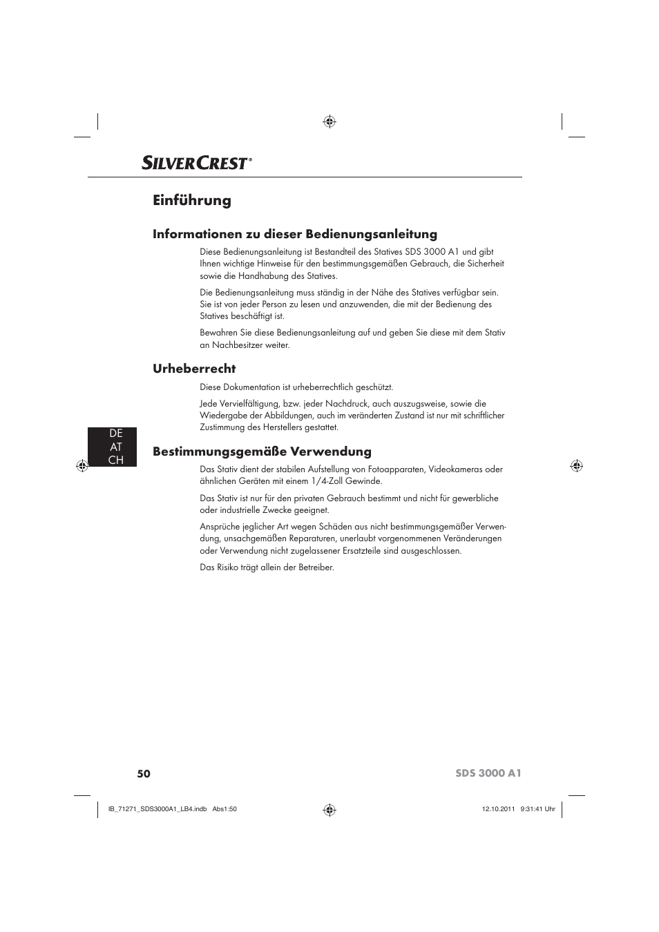 Einführung, Informationen zu dieser bedienungsanleitung, Urheberrecht | Bestimmungsgemäße verwendung, De at ch | Silvercrest SDS 3000 A1 User Manual | Page 52 / 60