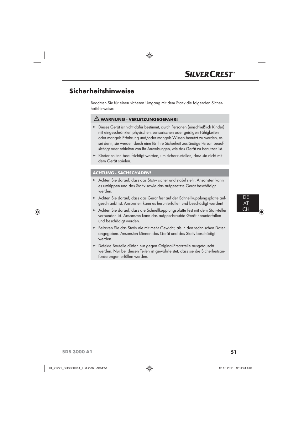 Sicherheitshinweise, De at ch | Silvercrest SDS 3000 A1 User Manual | Page 53 / 60