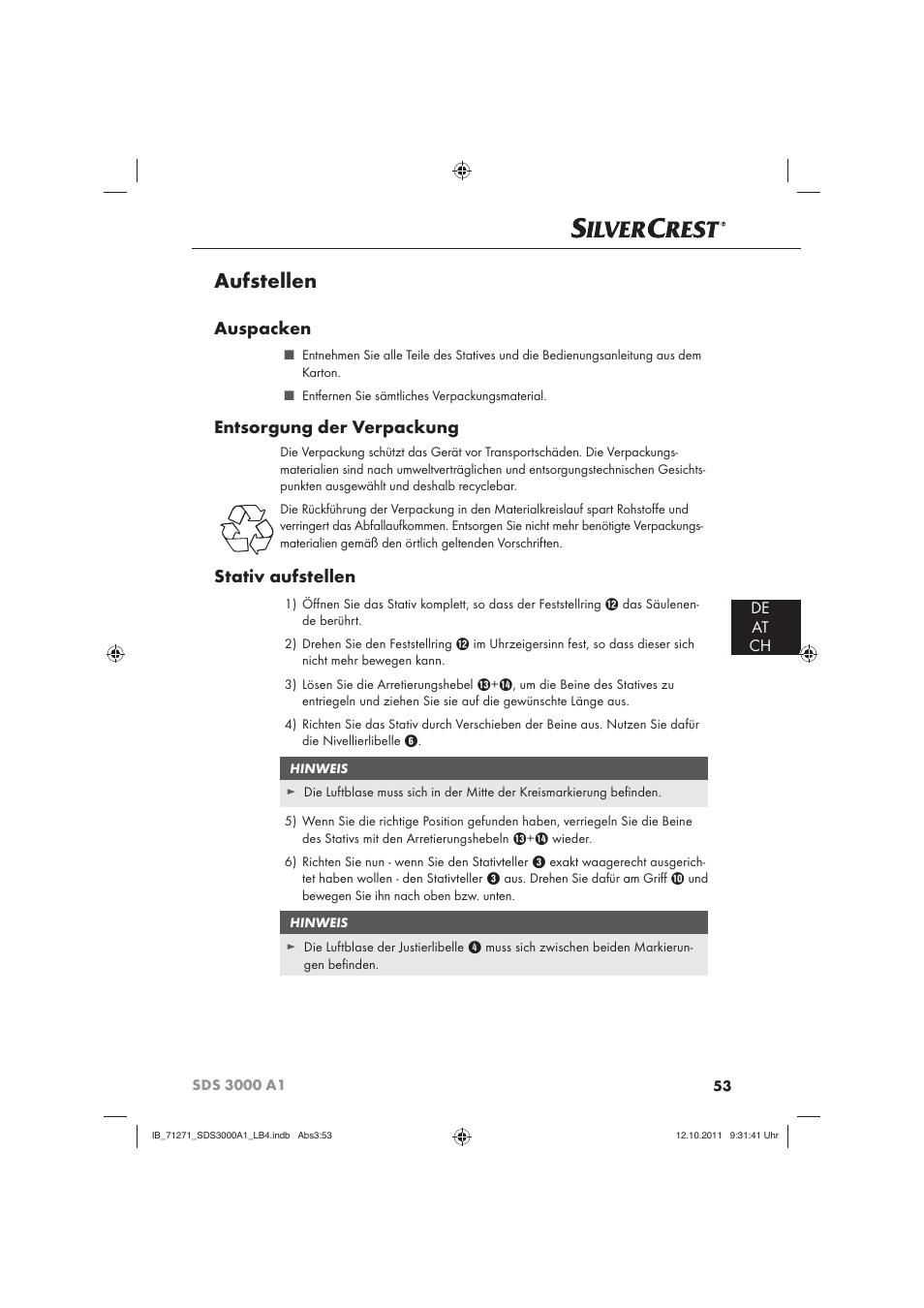 Aufstellen, Auspacken, Entsorgung der verpackung | Stativ aufstellen, De at ch | Silvercrest SDS 3000 A1 User Manual | Page 55 / 60