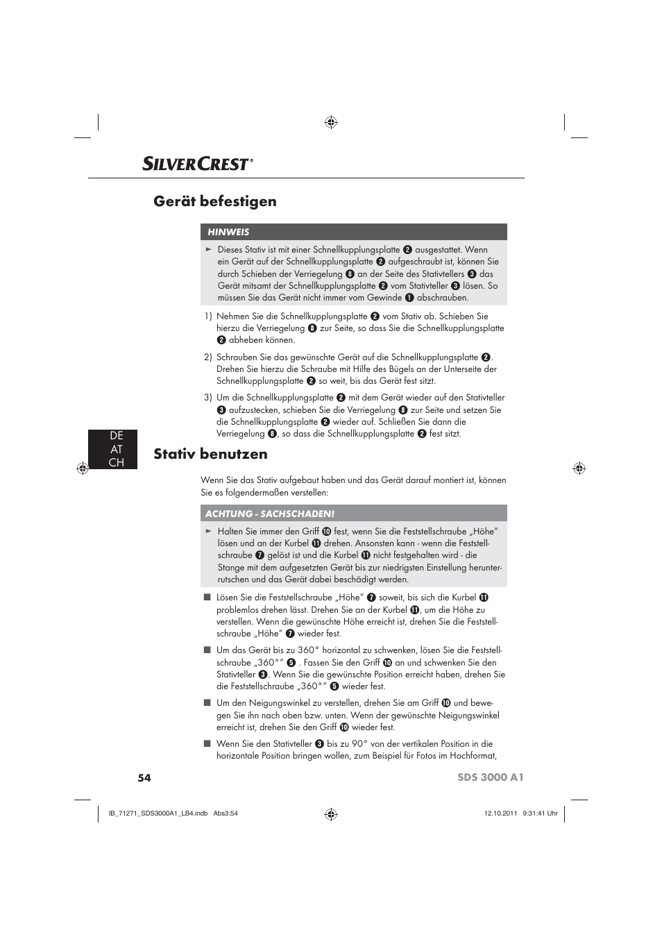 Gerät befestigen, Stativ benutzen, De at ch | Silvercrest SDS 3000 A1 User Manual | Page 56 / 60
