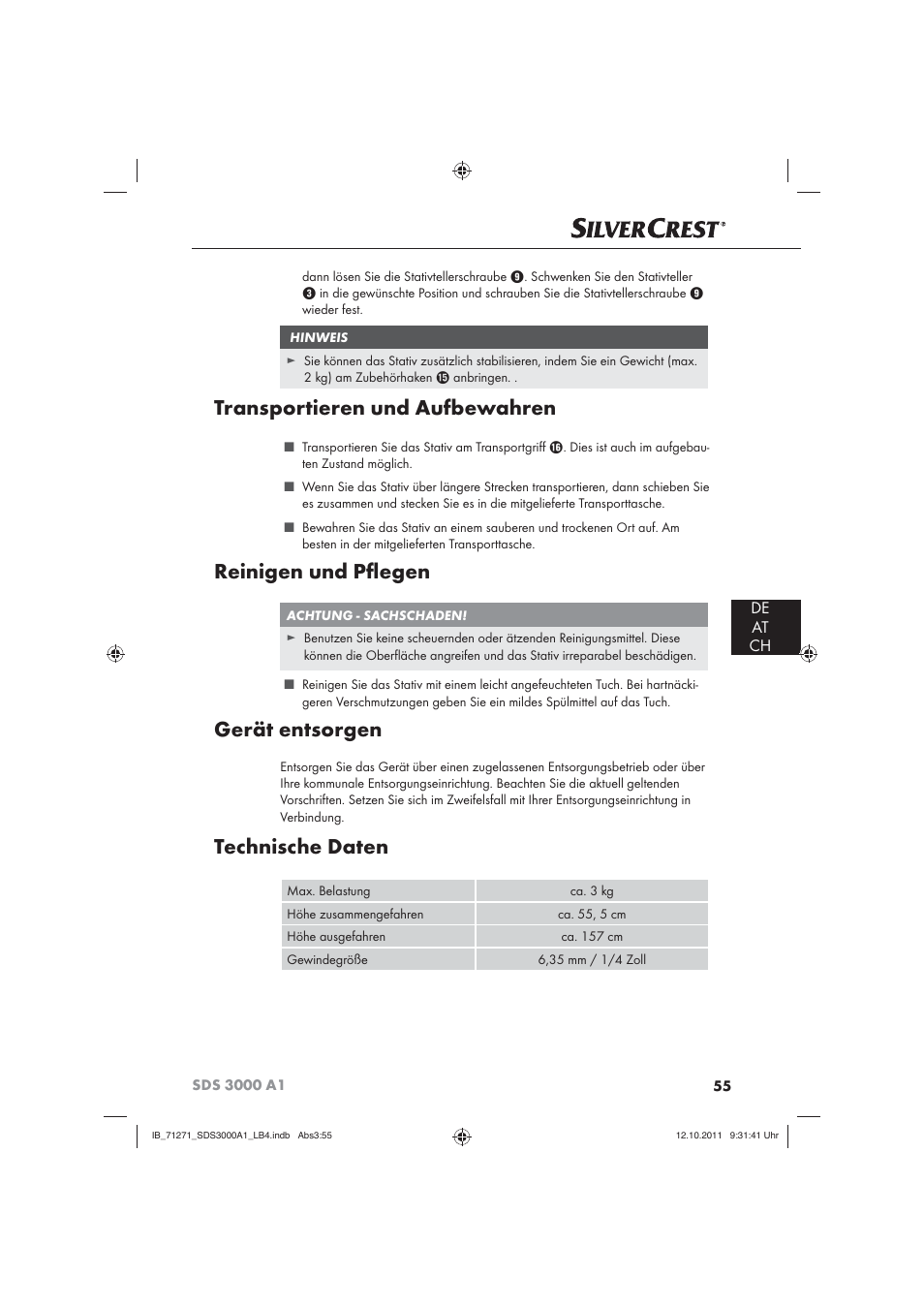 Transportieren und aufbewahren, Reinigen und pﬂ egen, Gerät entsorgen | Technische daten, De at ch | Silvercrest SDS 3000 A1 User Manual | Page 57 / 60