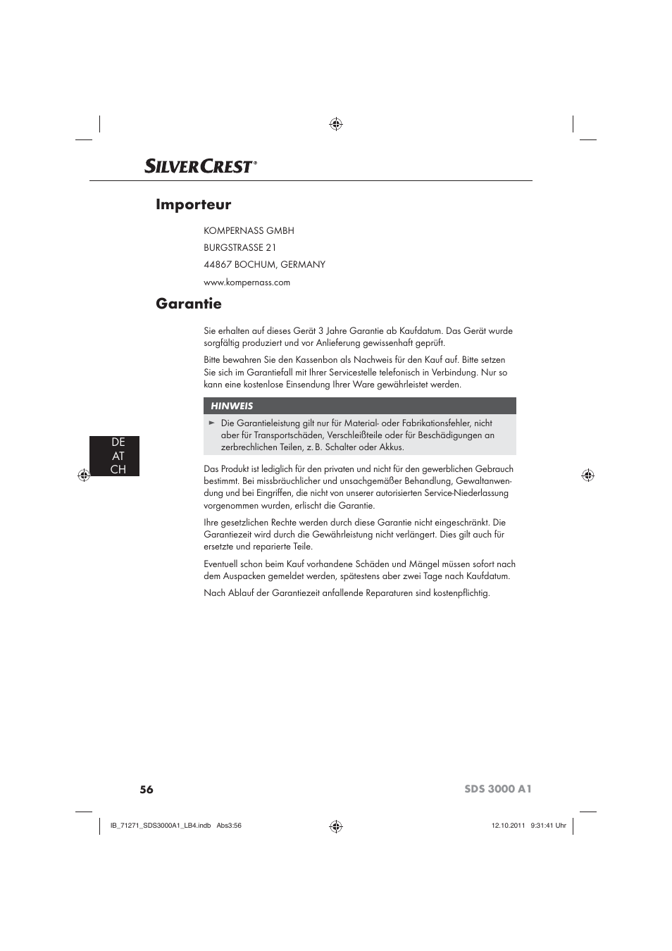 Importeur, Garantie, De at ch | Silvercrest SDS 3000 A1 User Manual | Page 58 / 60