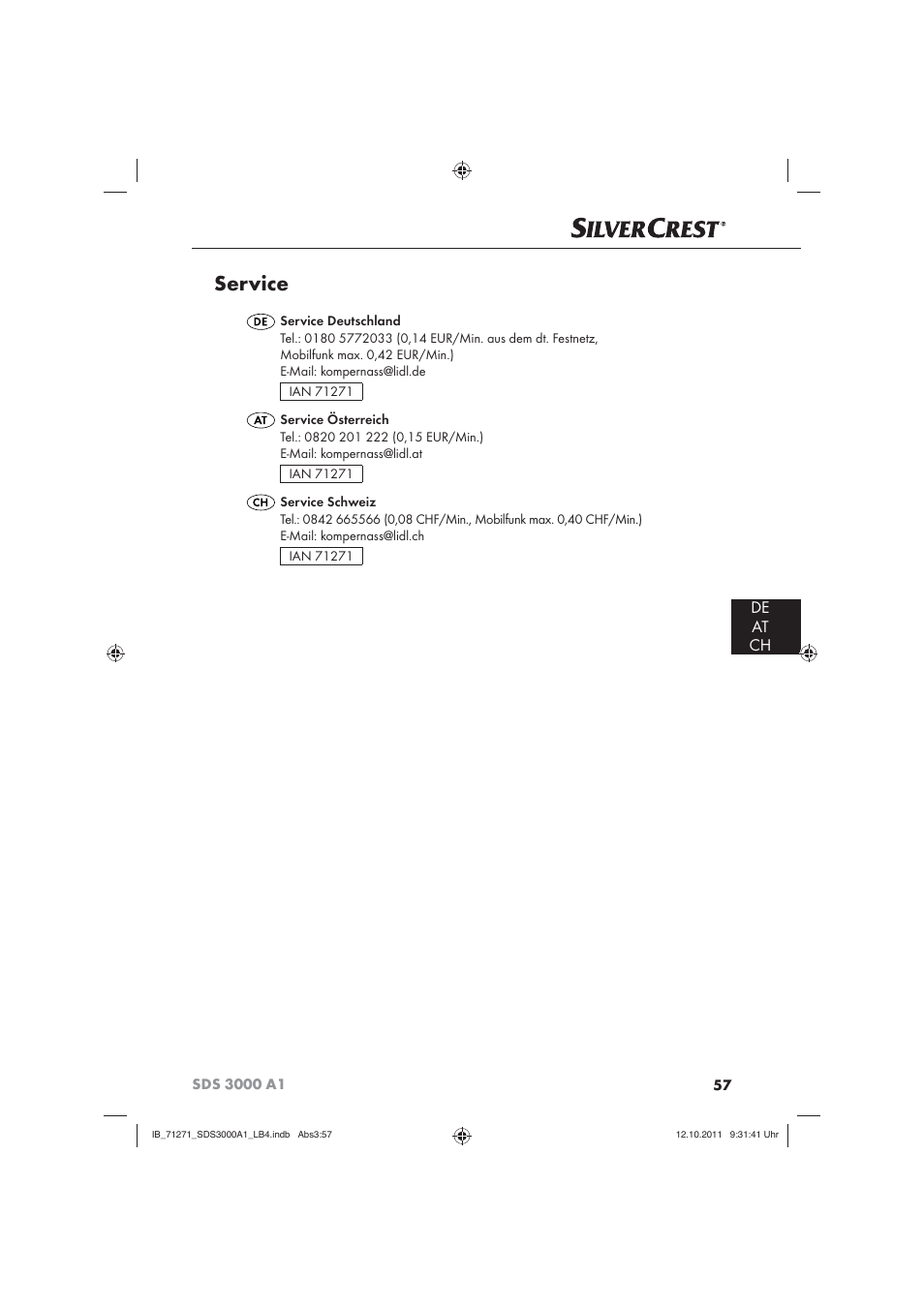 Service, De at ch | Silvercrest SDS 3000 A1 User Manual | Page 59 / 60