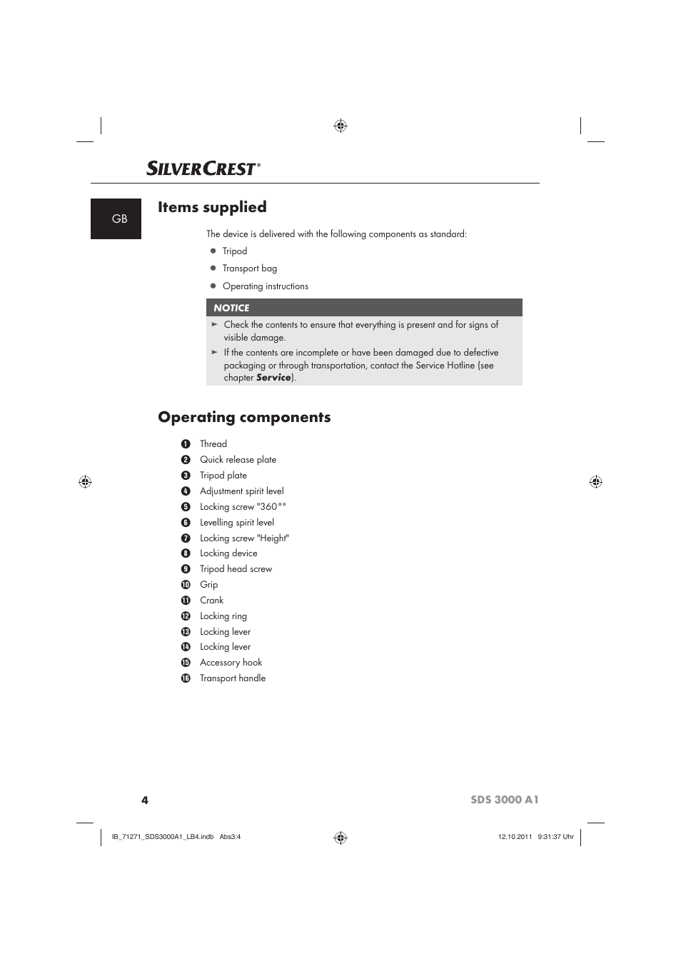 Items supplied, Operating components | Silvercrest SDS 3000 A1 User Manual | Page 6 / 60