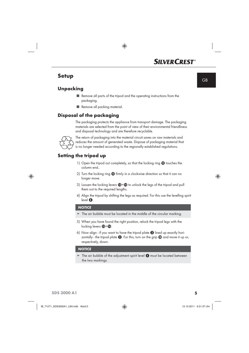 Setup, Unpacking, Disposal of the packaging | Setting the tripod up | Silvercrest SDS 3000 A1 User Manual | Page 7 / 60