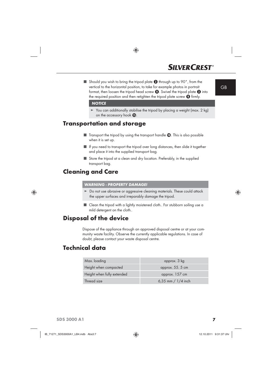 Transportation and storage, Cleaning and care, Disposal of the device | Technical data | Silvercrest SDS 3000 A1 User Manual | Page 9 / 60
