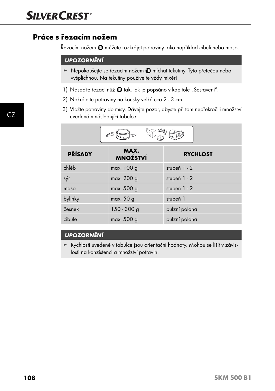 Práce s řezacím nožem | Silvercrest SKM 500 B1 User Manual | Page 111 / 193