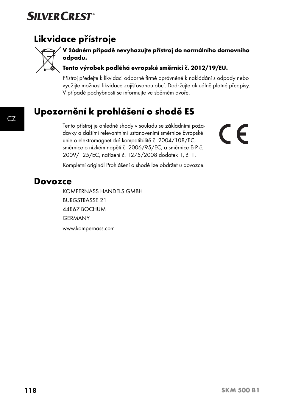 Likvidace přístroje, Upozornění k prohlášení o shodě es, Dovozce | Silvercrest SKM 500 B1 User Manual | Page 121 / 193