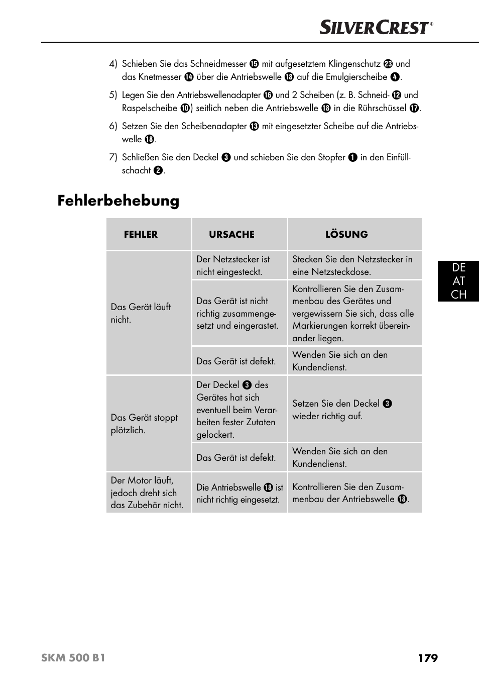 Fehlerbehebung, De at ch | Silvercrest SKM 500 B1 User Manual | Page 182 / 193