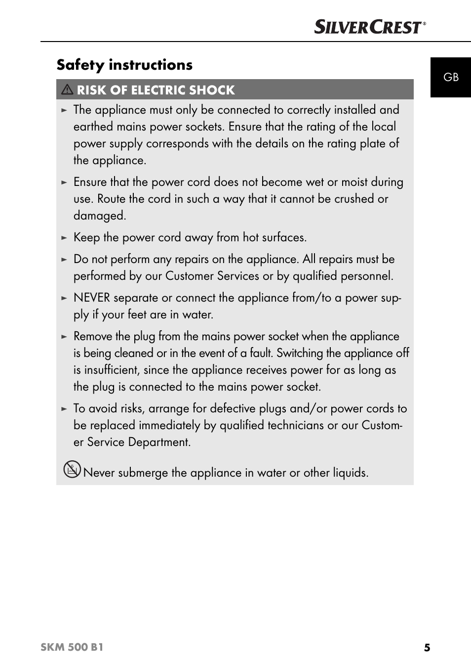 Safety instructions, Risk of electric shock, Keep the power cord away from hot surfaces | Silvercrest SKM 500 B1 User Manual | Page 8 / 193