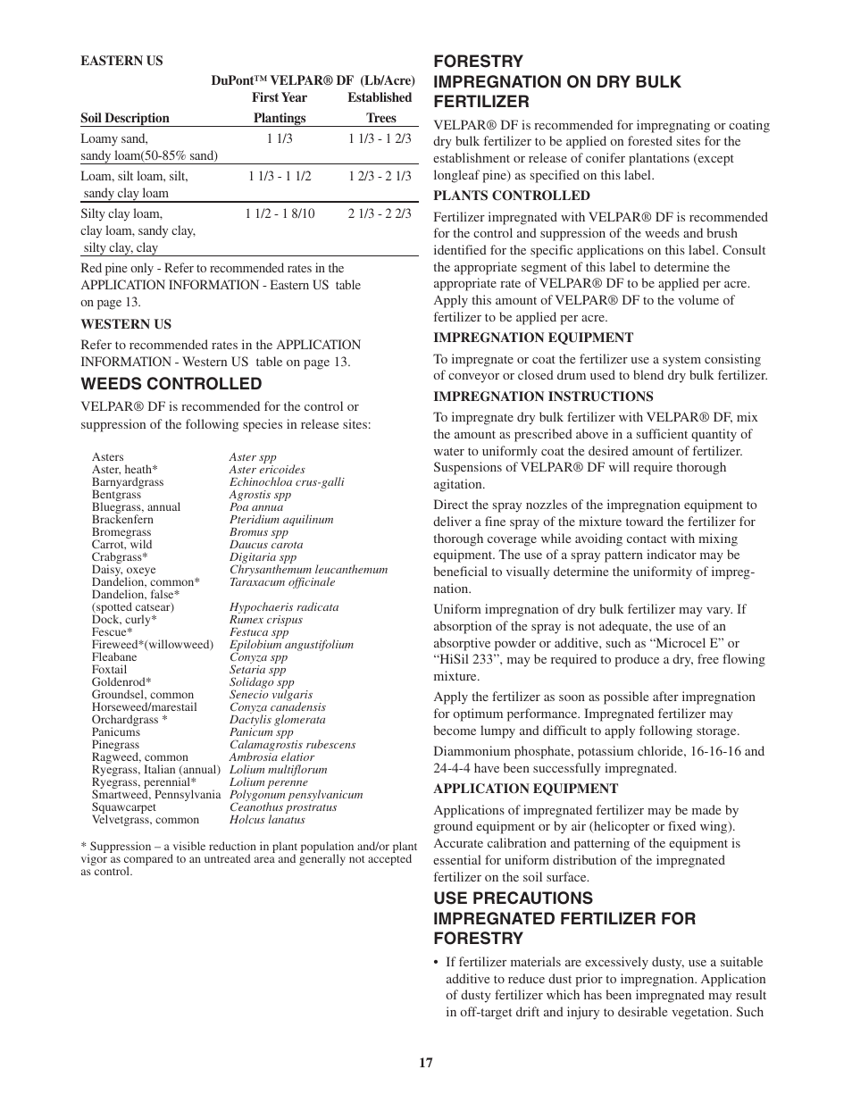 Weeds controlled, Forestry impregnation on dry bulk fertilizer | DuPont Authentication Velpar H - 65190 User Manual | Page 19 / 27