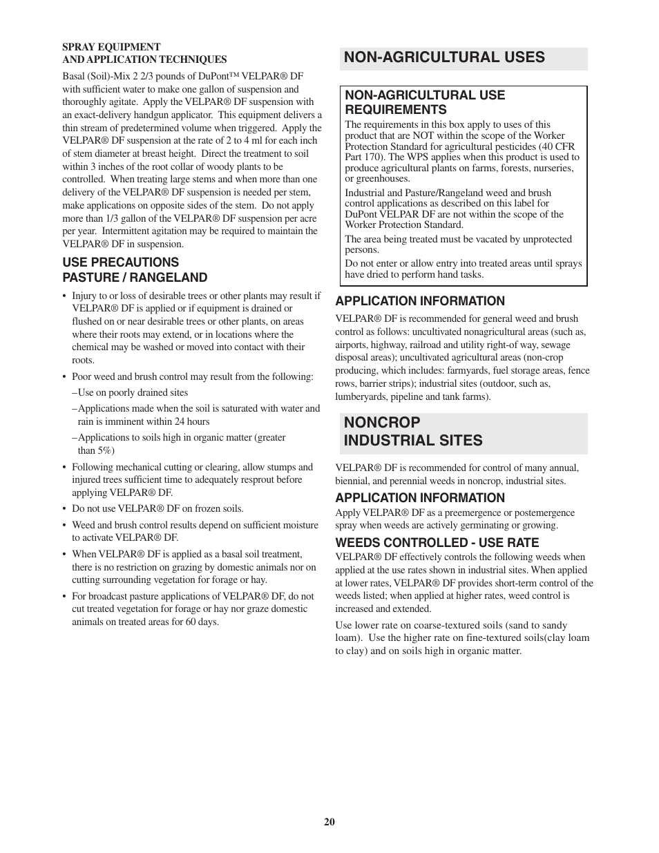 Noncrop industrial sites, Non-agricultural uses | DuPont Authentication Velpar H - 65190 User Manual | Page 22 / 27