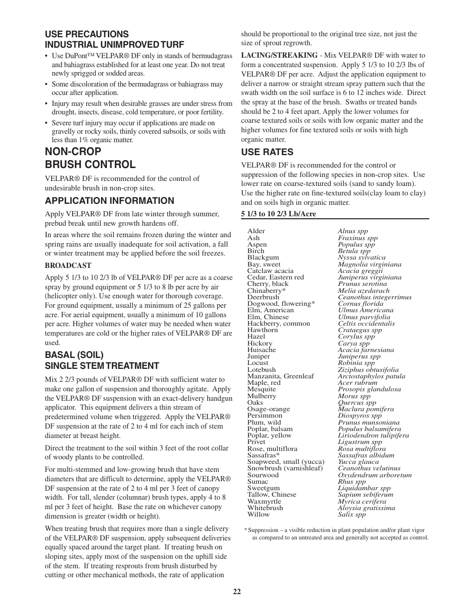 Non-crop brush control, Use precautions industrial unimproved turf, Application information | Basal (soil) single stem treatment, Use rates | DuPont Authentication Velpar H - 65190 User Manual | Page 24 / 27