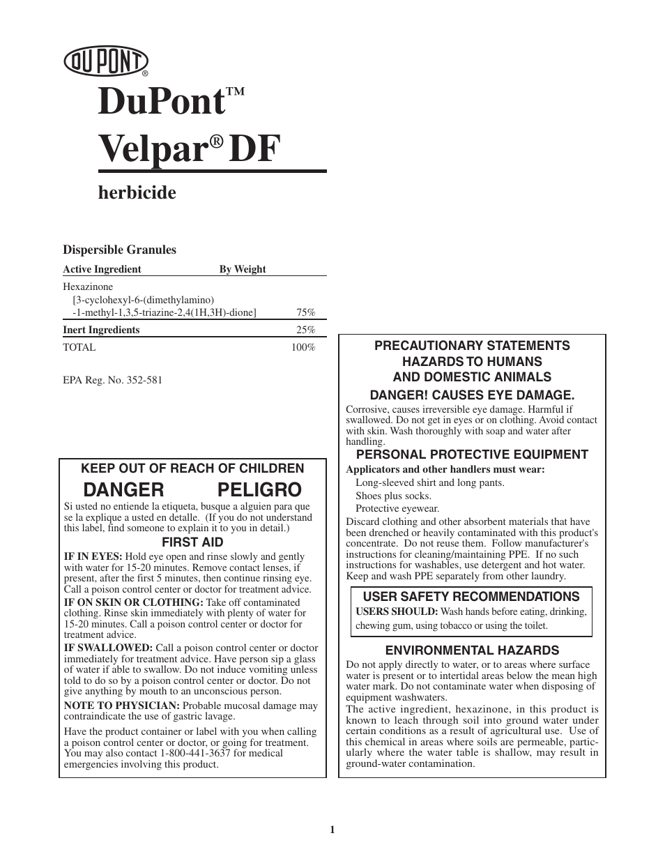 Dupont, Velpar, Herbicide | Danger peligro | DuPont Authentication Velpar H - 65190 User Manual | Page 3 / 27