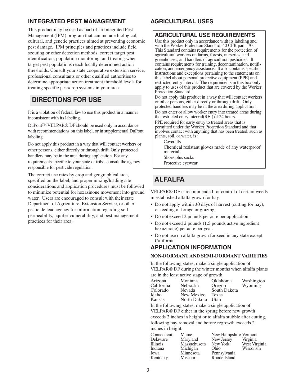 Alfalfa, Directions for use | DuPont Authentication Velpar H - 65190 User Manual | Page 5 / 27