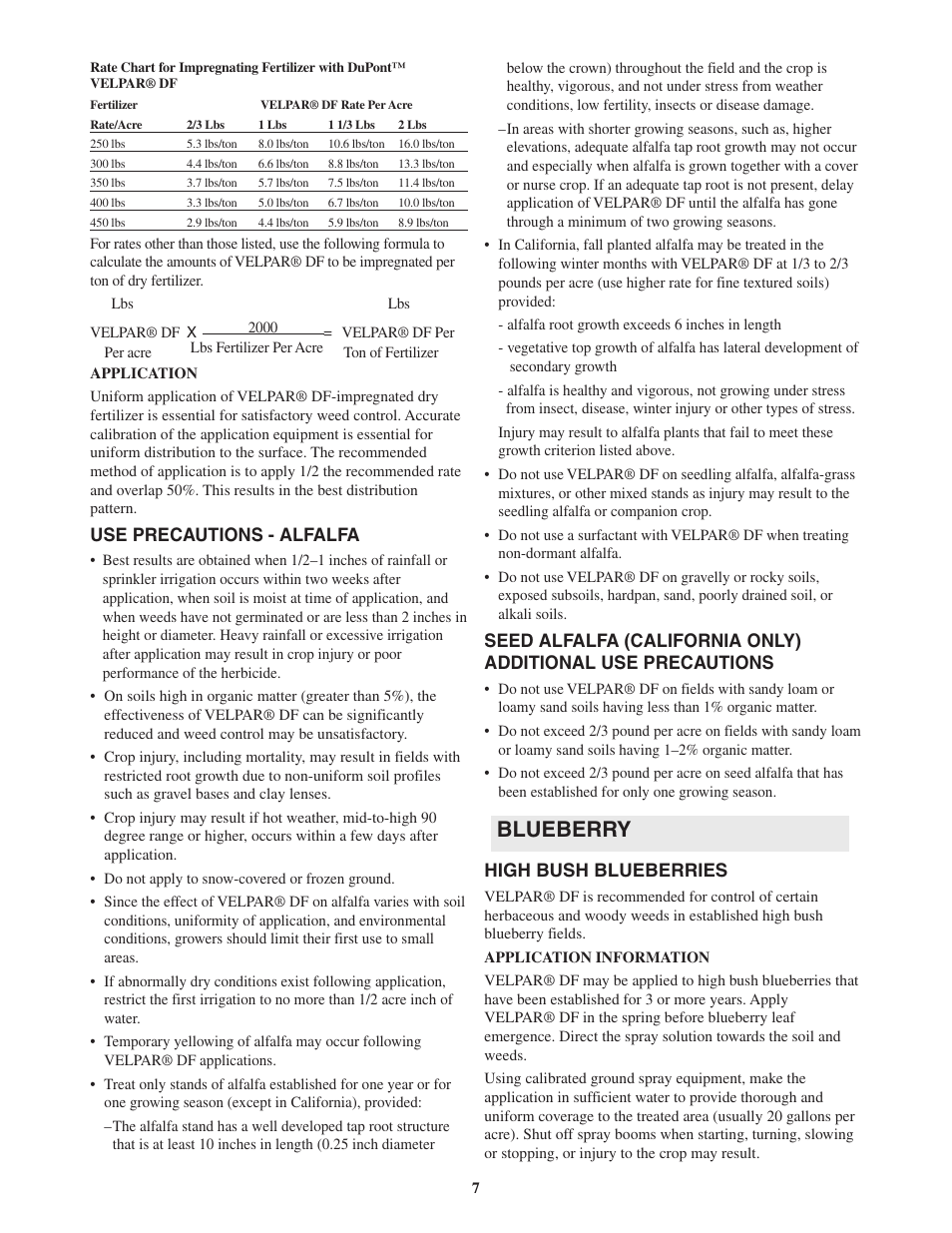 Blueberry, Use precautions - alfalfa, High bush blueberries | DuPont Authentication Velpar H - 65190 User Manual | Page 9 / 27