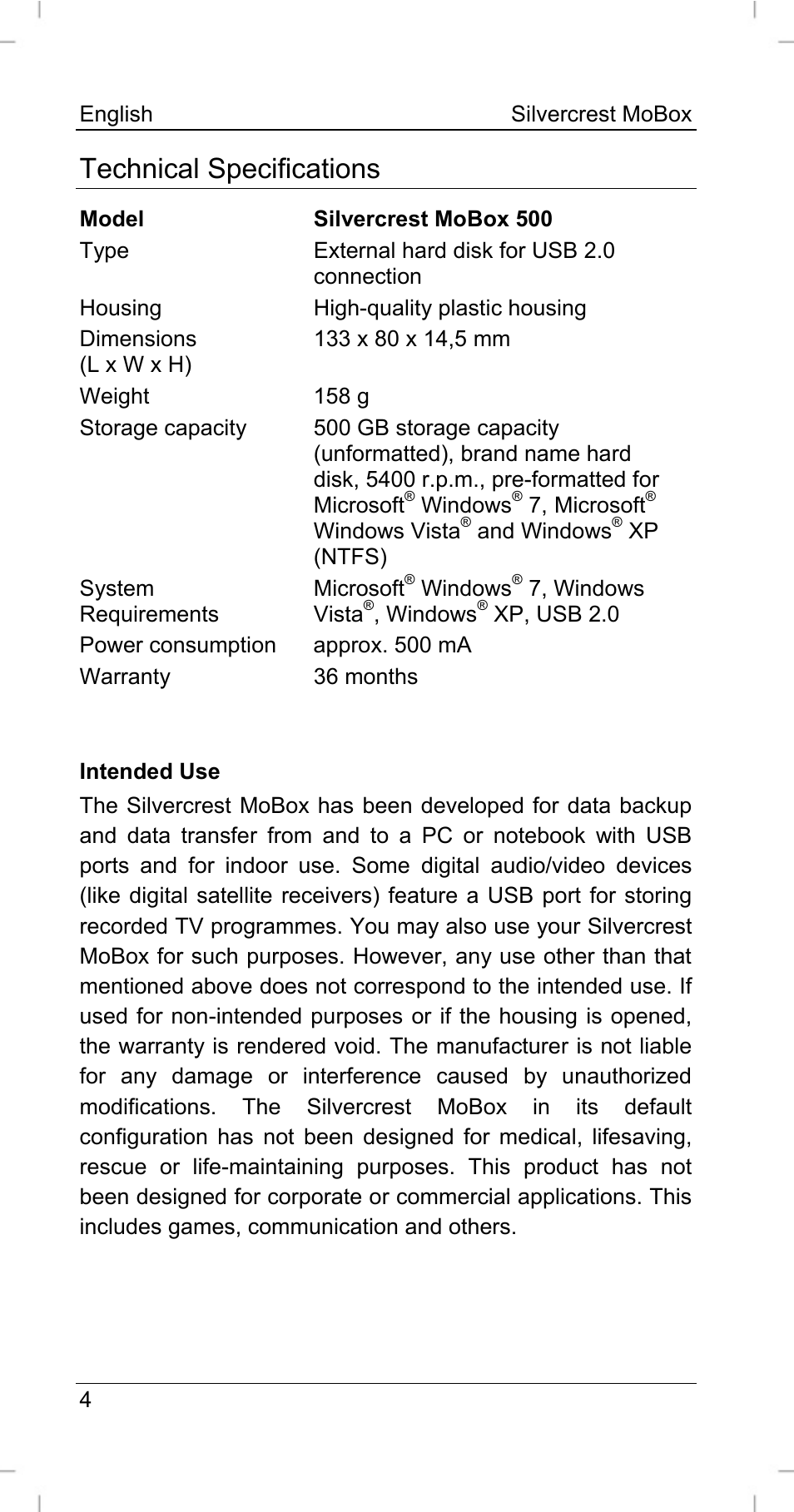 Technical specifications | Silvercrest MoBox 500 User Manual | Page 6 / 44