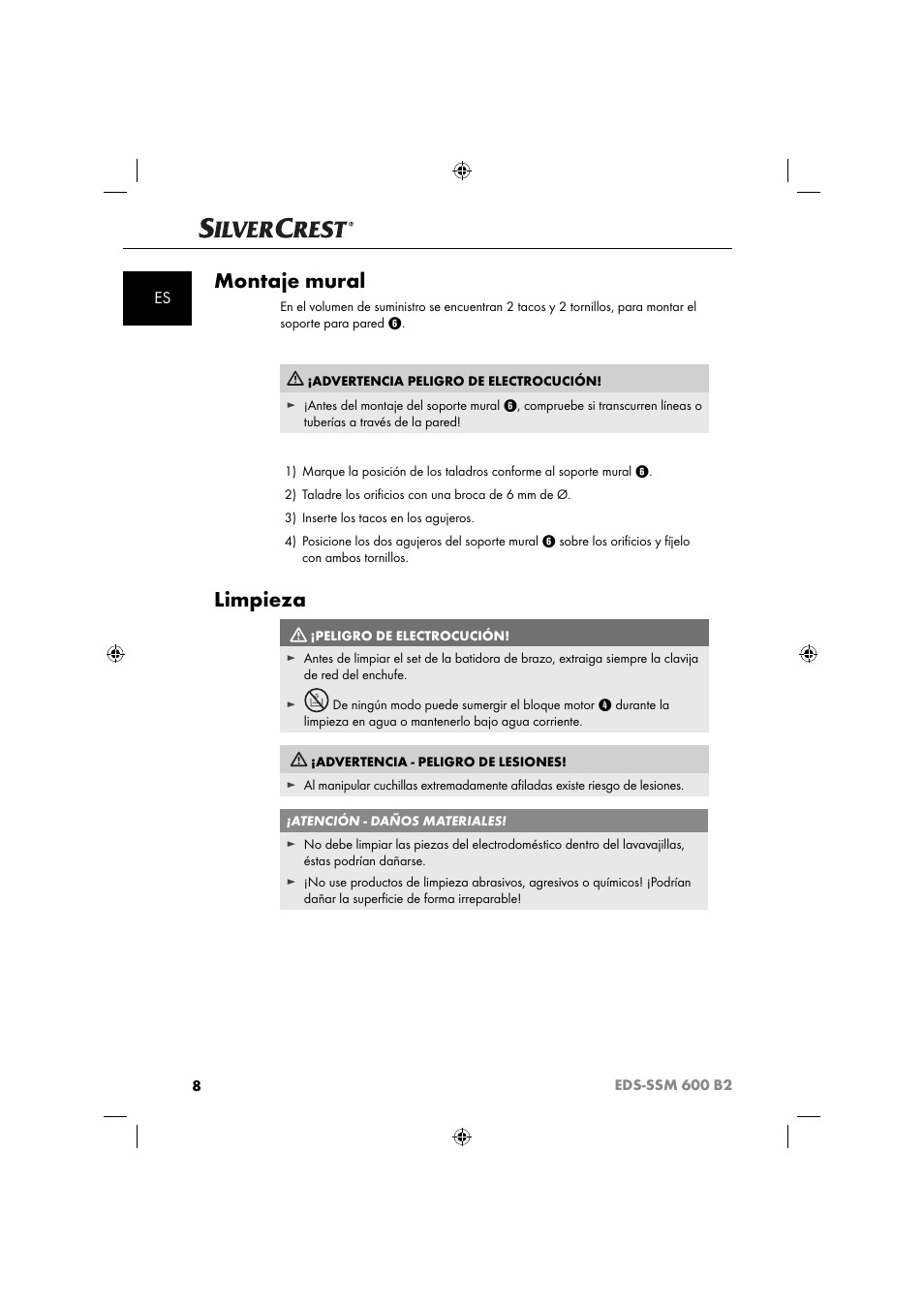 Montaje mural, Limpieza | Silvercrest EDS-SSM 600 B2 User Manual | Page 10 / 58
