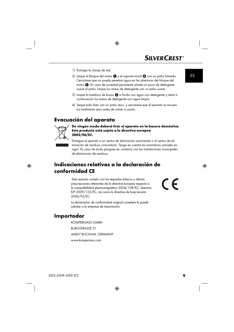 Evacuación del aparato, Importador | Silvercrest EDS-SSM 600 B2 User Manual | Page 11 / 58