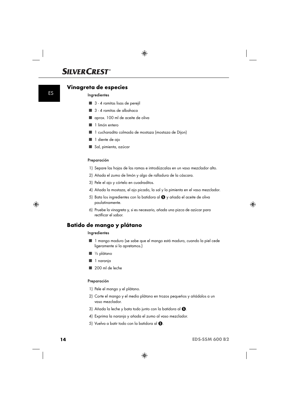 Vinagreta de especies, Batido de mango y plátano | Silvercrest EDS-SSM 600 B2 User Manual | Page 16 / 58