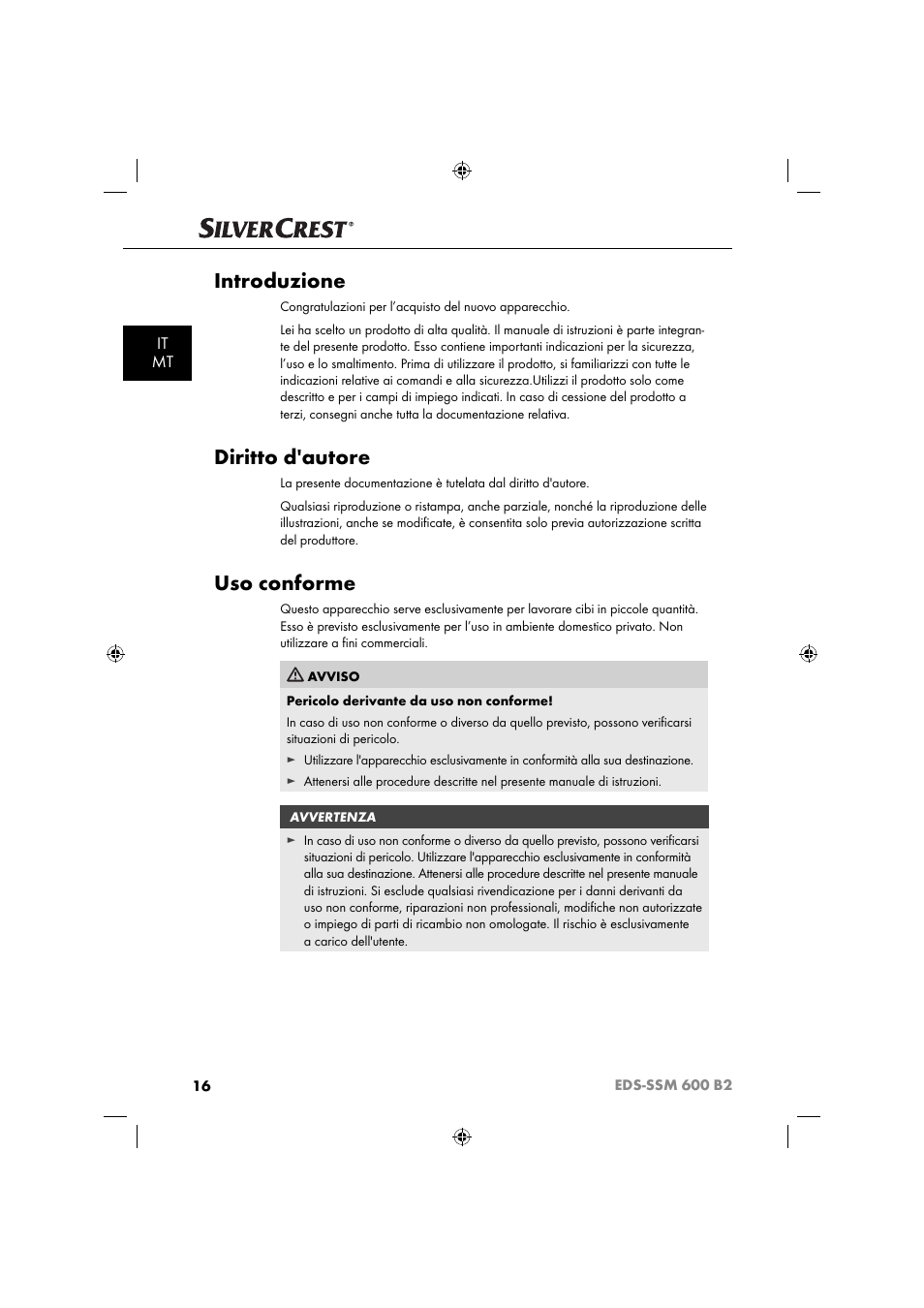 Introduzione, Diritto d'autore, Uso conforme | It mt | Silvercrest EDS-SSM 600 B2 User Manual | Page 18 / 58