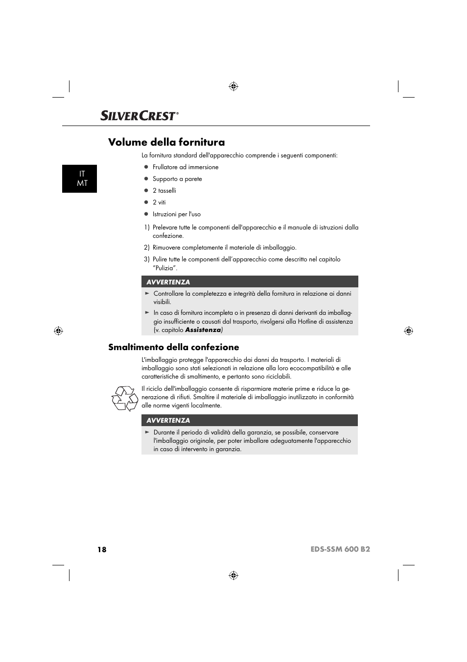 Volume della fornitura, Smaltimento della confezione, It mt | Silvercrest EDS-SSM 600 B2 User Manual | Page 20 / 58