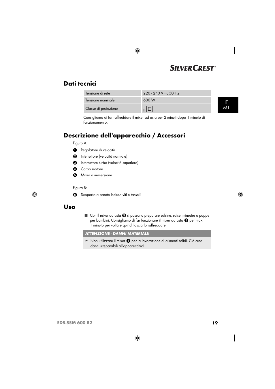 Dati tecnici, Descrizione dell'apparecchio / accessori, It mt | Silvercrest EDS-SSM 600 B2 User Manual | Page 21 / 58