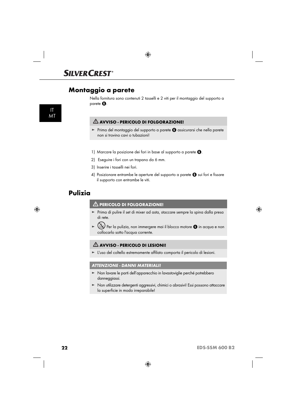 Montaggio a parete, Pulizia, It mt | Silvercrest EDS-SSM 600 B2 User Manual | Page 24 / 58