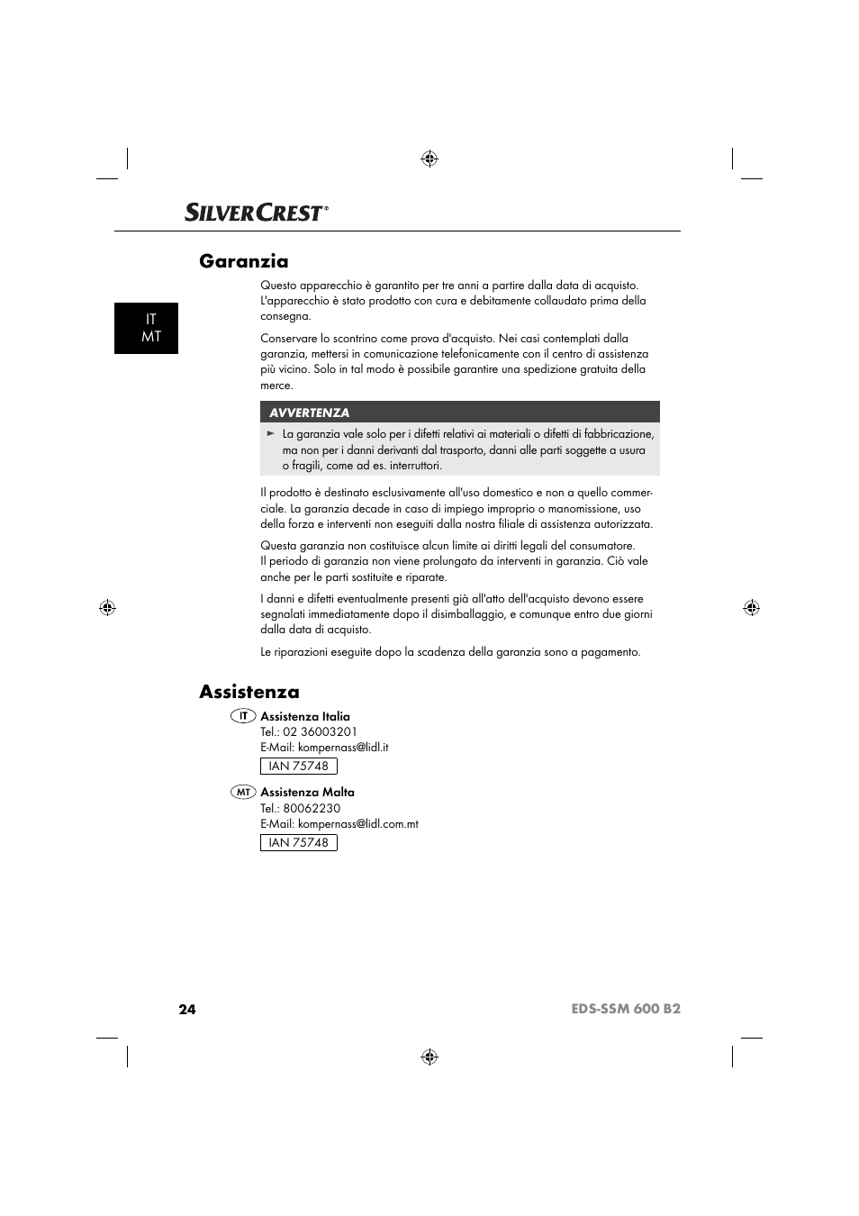 Garanzia, Assistenza, It mt | Silvercrest EDS-SSM 600 B2 User Manual | Page 26 / 58