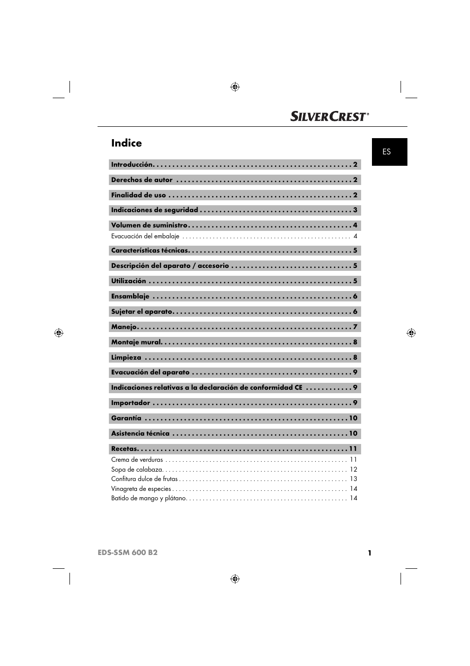 Indice | Silvercrest EDS-SSM 600 B2 User Manual | Page 3 / 58