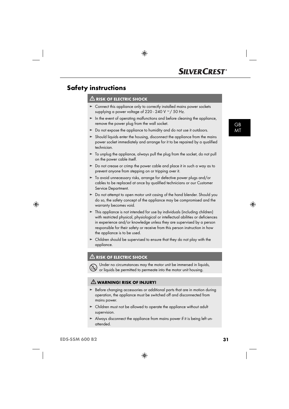 Safety instructions, Gb mt | Silvercrest EDS-SSM 600 B2 User Manual | Page 33 / 58