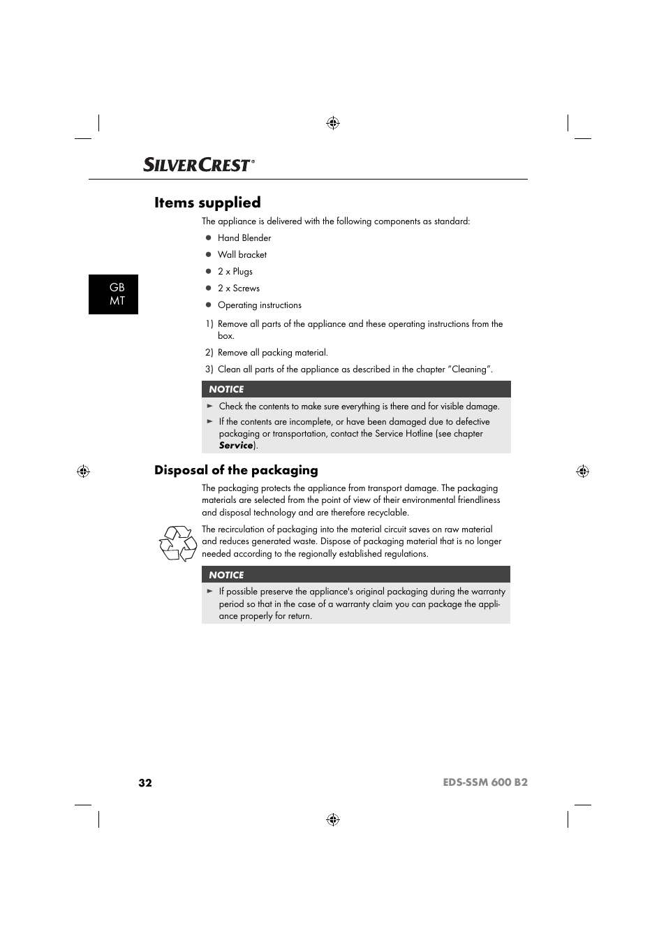 Items supplied, Disposal of the packaging, Gb mt | Silvercrest EDS-SSM 600 B2 User Manual | Page 34 / 58