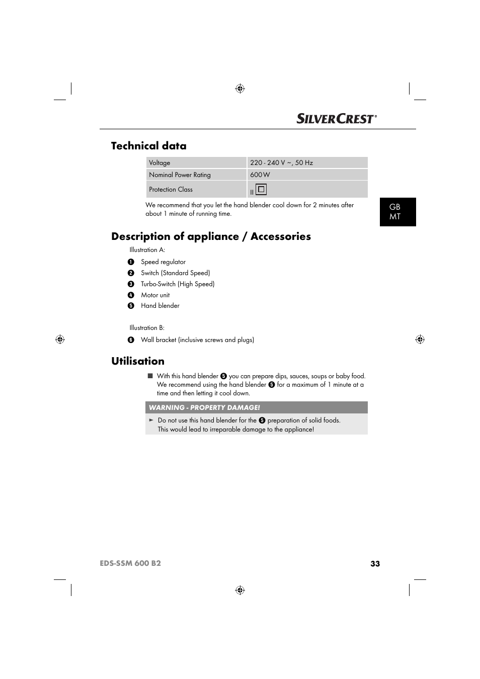 Technical data, Description of appliance / accessories, Utilisation | Gb mt | Silvercrest EDS-SSM 600 B2 User Manual | Page 35 / 58