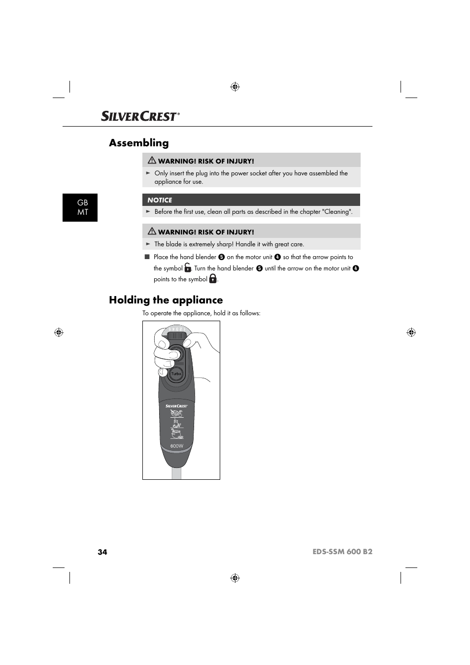 Assembling, Holding the appliance, Gb mt | Silvercrest EDS-SSM 600 B2 User Manual | Page 36 / 58