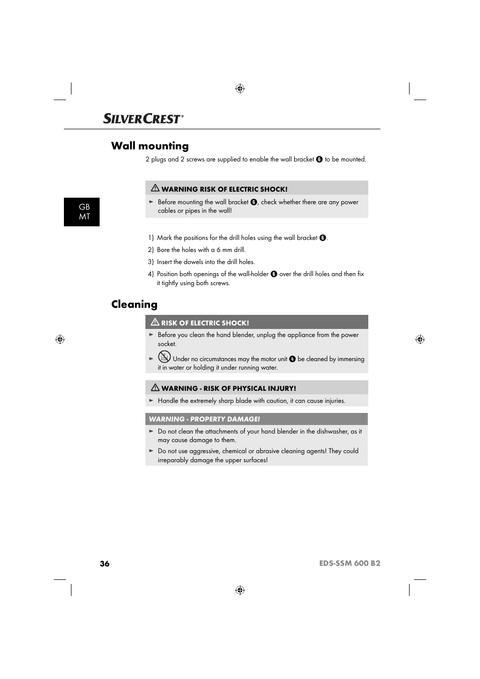 Wall mounting, Cleaning, Gb mt | Silvercrest EDS-SSM 600 B2 User Manual | Page 38 / 58