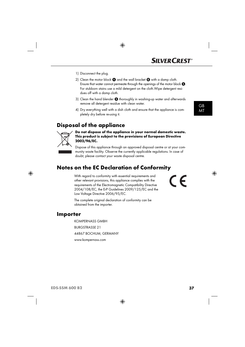 Disposal of the appliance, Importer, Gb mt | Silvercrest EDS-SSM 600 B2 User Manual | Page 39 / 58