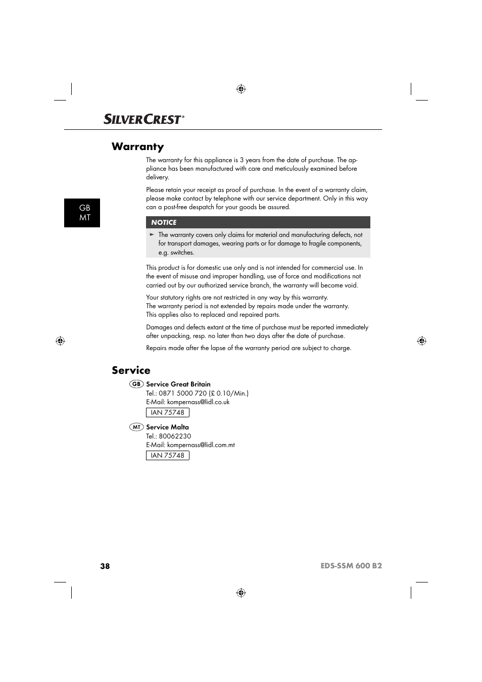 Warranty, Service, Gb mt | Silvercrest EDS-SSM 600 B2 User Manual | Page 40 / 58