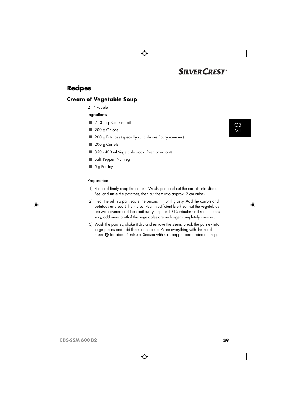 Recipes, Cream of vegetable soup, Gb mt | Silvercrest EDS-SSM 600 B2 User Manual | Page 41 / 58