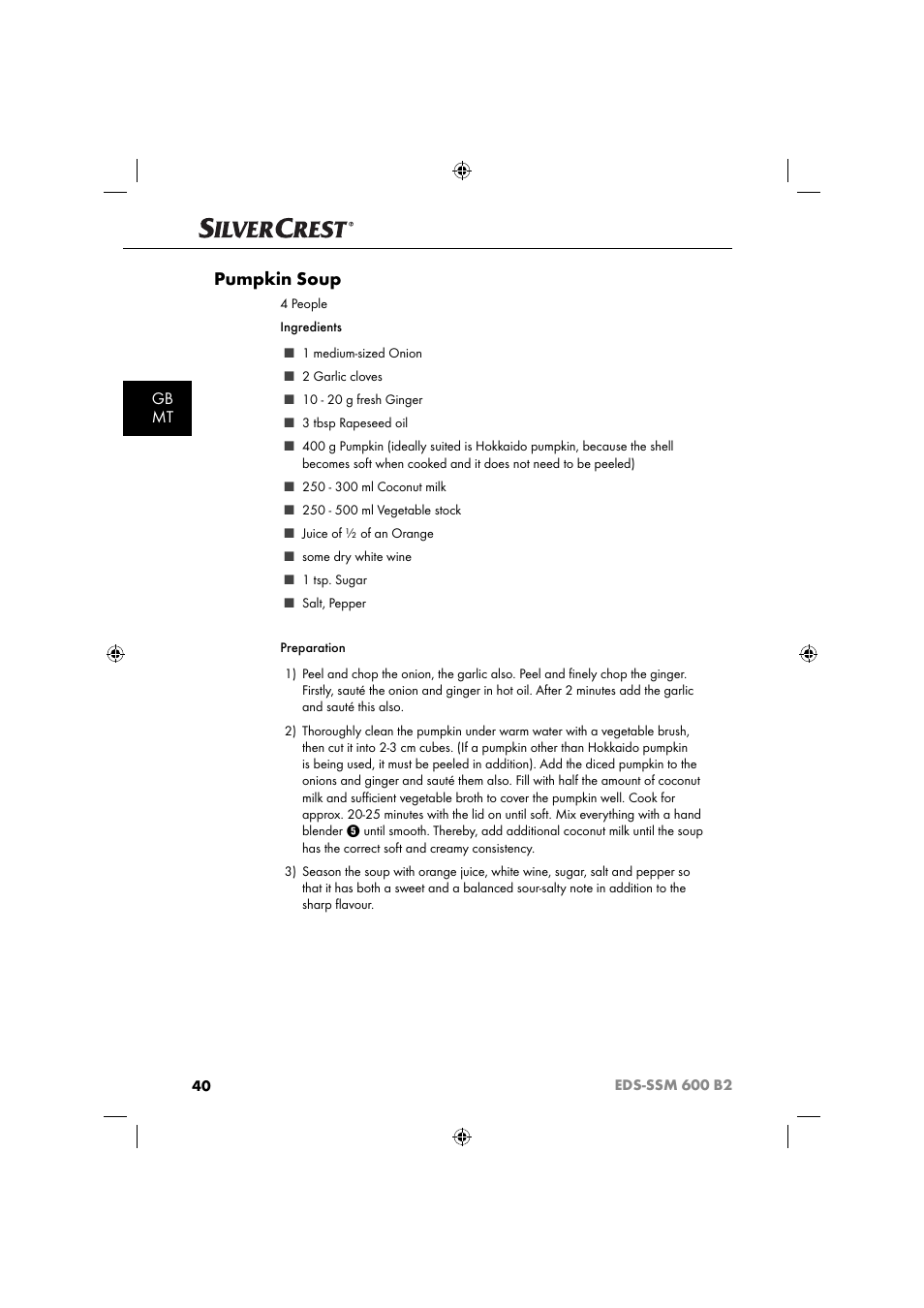 Pumpkin soup, Gb mt | Silvercrest EDS-SSM 600 B2 User Manual | Page 42 / 58