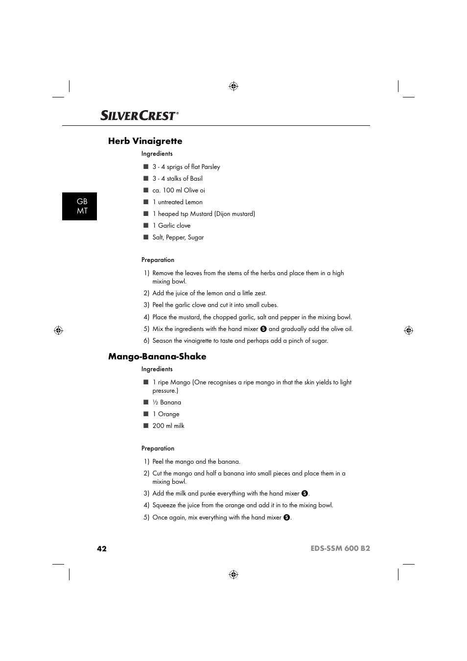 Herb vinaigrette, Mango-banana-shake, Gb mt | Silvercrest EDS-SSM 600 B2 User Manual | Page 44 / 58