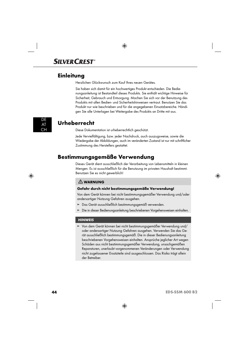 Einleitung, Urheberrecht, Bestimmungsgemäße verwendung | De at ch | Silvercrest EDS-SSM 600 B2 User Manual | Page 46 / 58