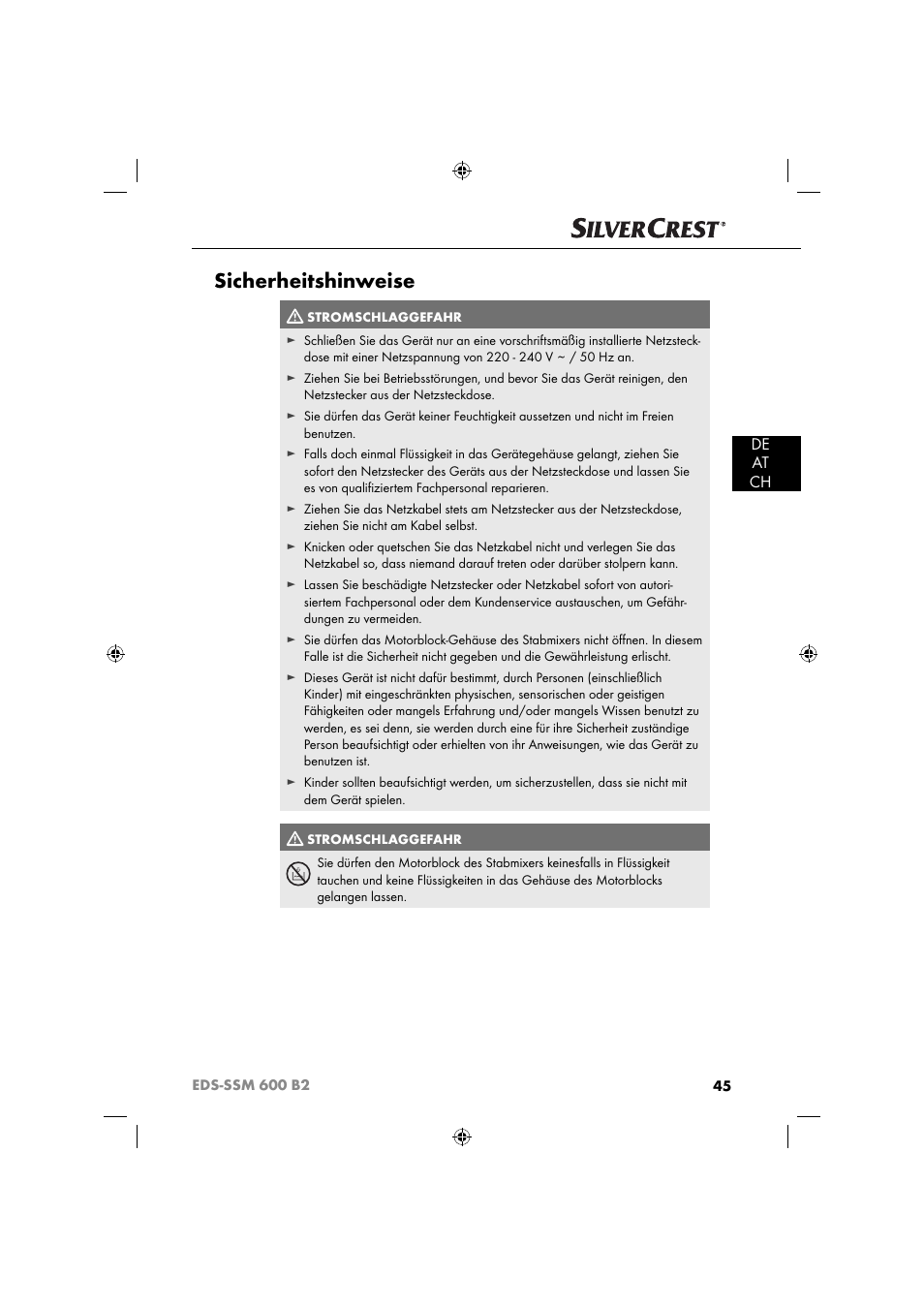 Sicherheitshinweise, De at ch | Silvercrest EDS-SSM 600 B2 User Manual | Page 47 / 58