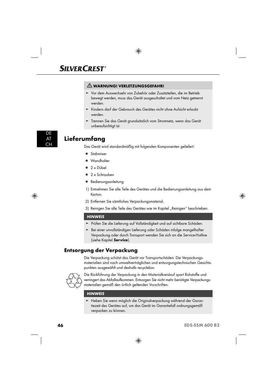 Lieferumfang, Entsorgung der verpackung, De at ch | Silvercrest EDS-SSM 600 B2 User Manual | Page 48 / 58