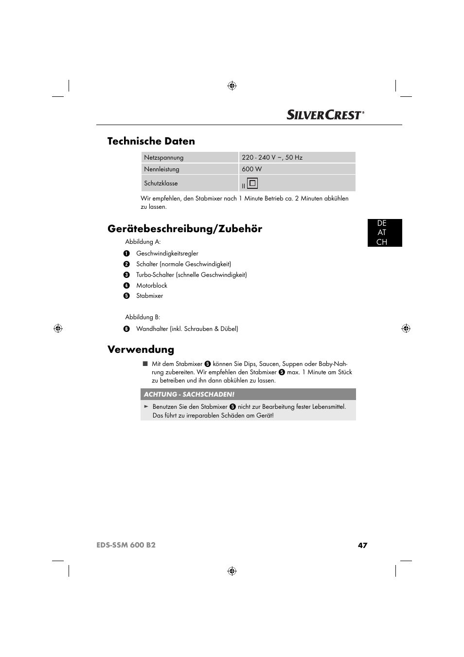 Technische daten, Gerätebeschreibung/zubehör, Verwendung | De at ch | Silvercrest EDS-SSM 600 B2 User Manual | Page 49 / 58