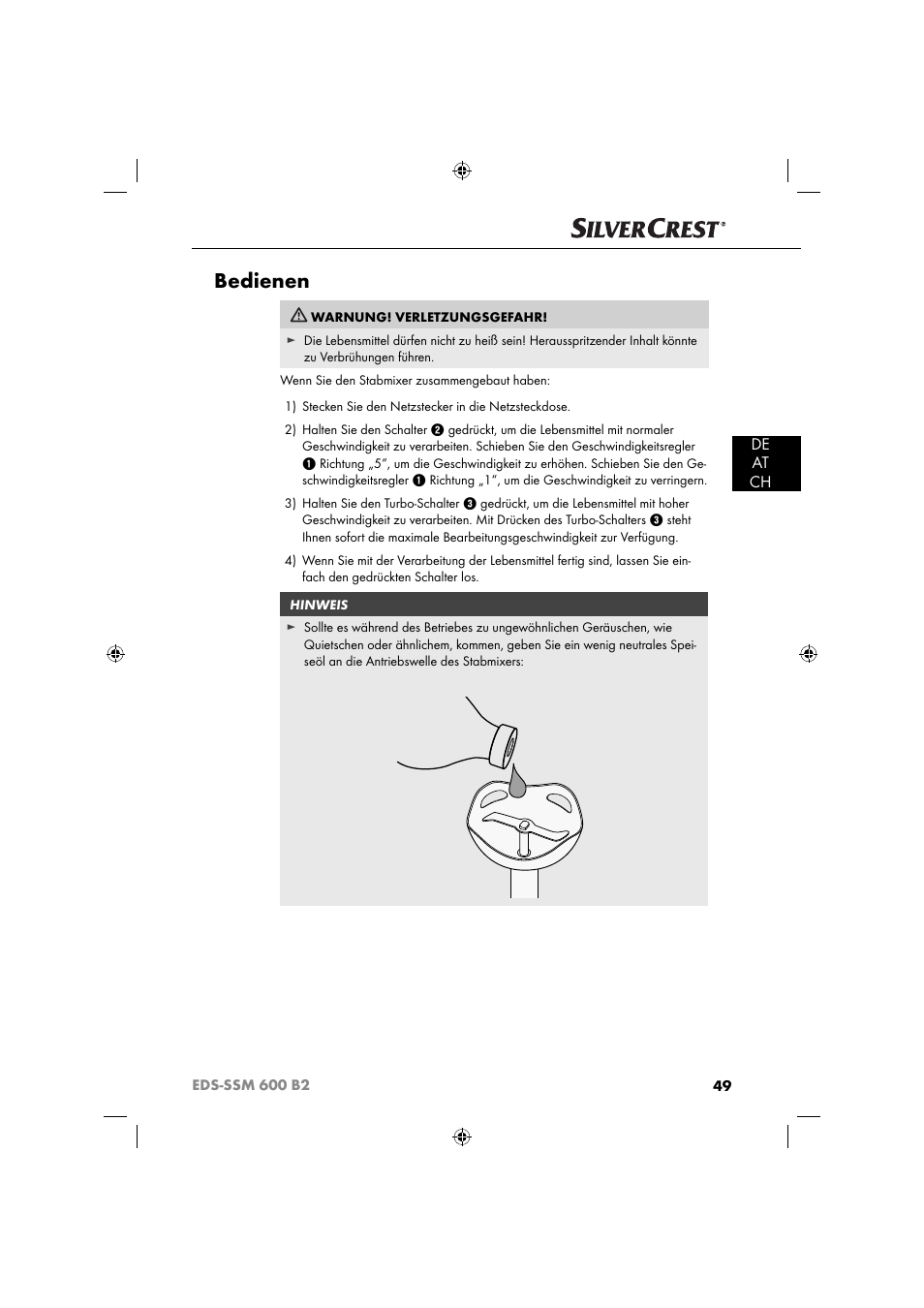 Bedienen, De at ch | Silvercrest EDS-SSM 600 B2 User Manual | Page 51 / 58