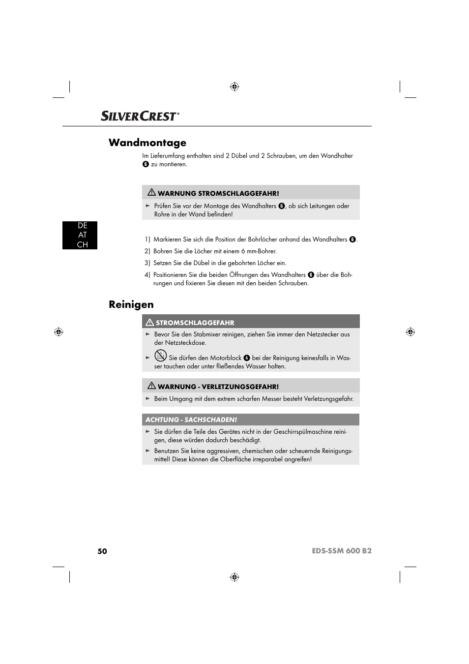Wandmontage, Reinigen, De at ch | Silvercrest EDS-SSM 600 B2 User Manual | Page 52 / 58