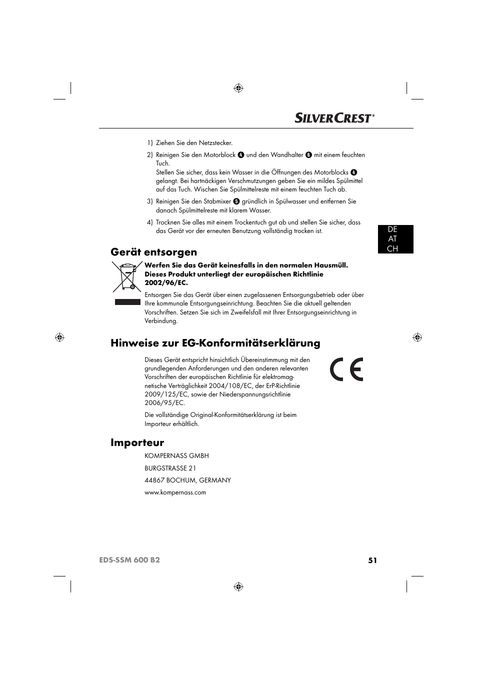 Gerät entsorgen, Hinweise zur eg-konformitätserklärung, Importeur | De at ch | Silvercrest EDS-SSM 600 B2 User Manual | Page 53 / 58