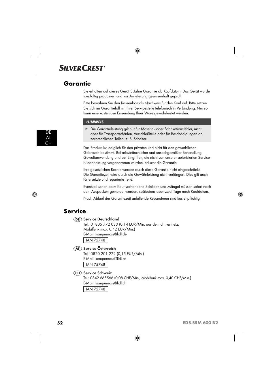 Garantie, Service, De at ch | Silvercrest EDS-SSM 600 B2 User Manual | Page 54 / 58