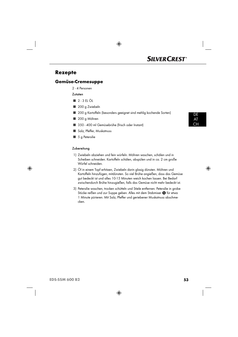 Rezepte, Gemüse-cremesuppe, De at ch | Silvercrest EDS-SSM 600 B2 User Manual | Page 55 / 58