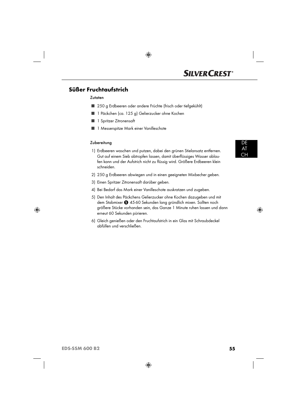 Süßer fruchtaufstrich, De at ch | Silvercrest EDS-SSM 600 B2 User Manual | Page 57 / 58